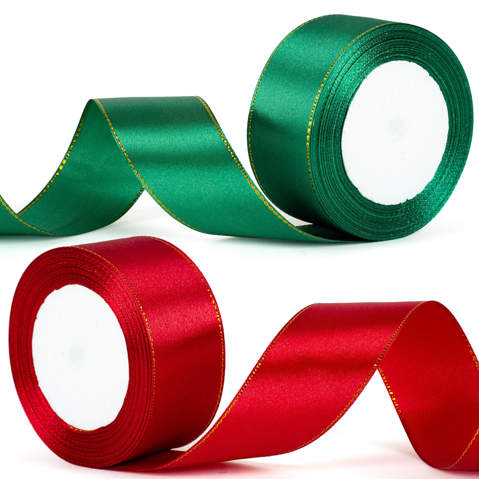2Rolls 22m x 40mm Wide Burgundy Red and Green Ribbon Thick Christmas Ribbon for Gift Wrapping, 1.5 inch Red and Green Satin Ribbon for Christmas Cake Xmas Present Wrapping Bow Crafts Decorations