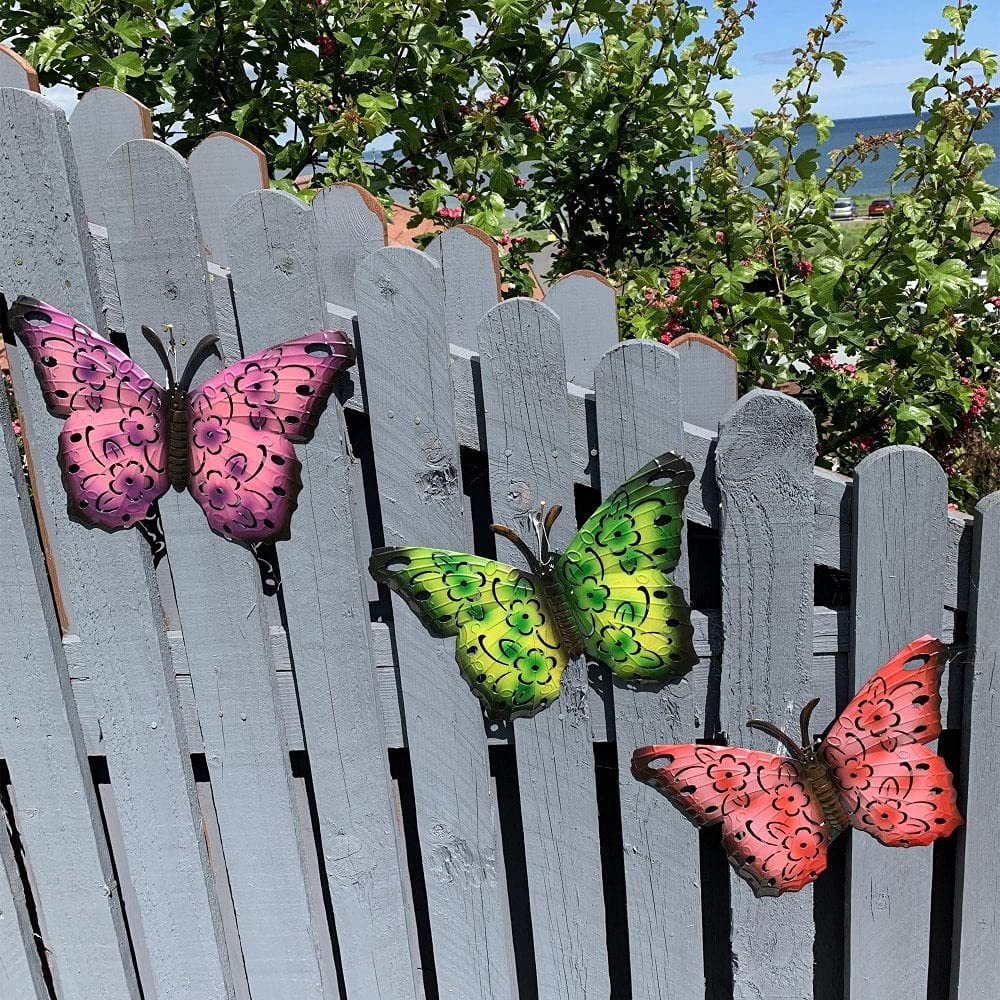 Green Jem Garden Metal Butterfly Decorative Wall Art Cut-Out - Set of 3 - Green/Yellow, Red/Pink, Purple/Violet - Weather Resistant