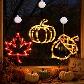 Fall Decor, 3 PCS Window Lights Decorations, Battery Operated Fall Lights Indoor Acorn Maple Leaves Pumpkin Lights with Timer &amp; Suction Cup, Fall Thanksgiving Autumn Decorations for Home Party Decor