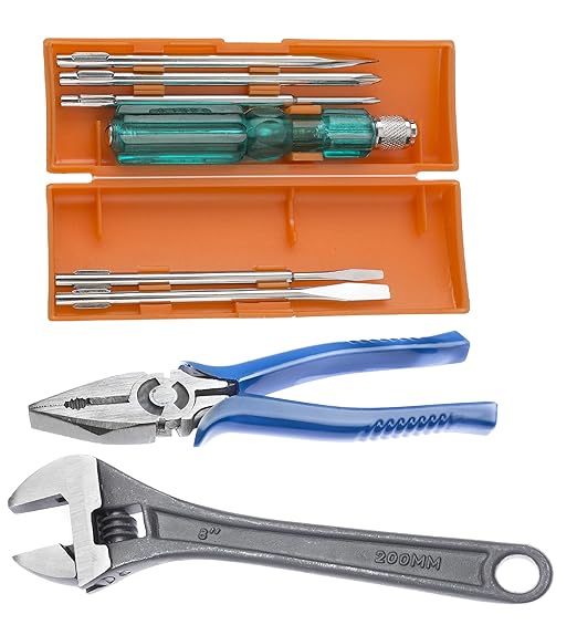 ACHRO 908 Universal Tool Kit Set for Home/Garage/Car/Bike/Industry (Set of 8 pcs Tool kit) Contains 6 Pcs Screwdriver Set + 8 inch Combination Plier + 8 inch Adjustable Spanner (Multi)