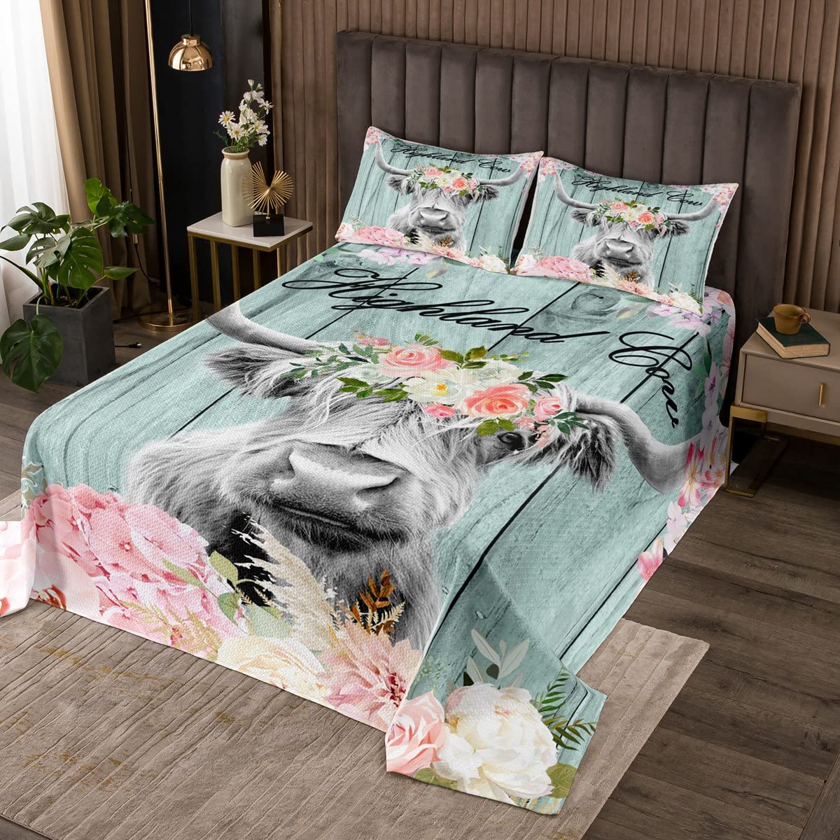 Loussiesd Copriletto per mucca delle Highland rosa floreale Highland Cattle Coverlet Set rosa floreale western mucca toro trapuntato copriletto fattoria trapuntato 2 pezzi singoli170X230cm