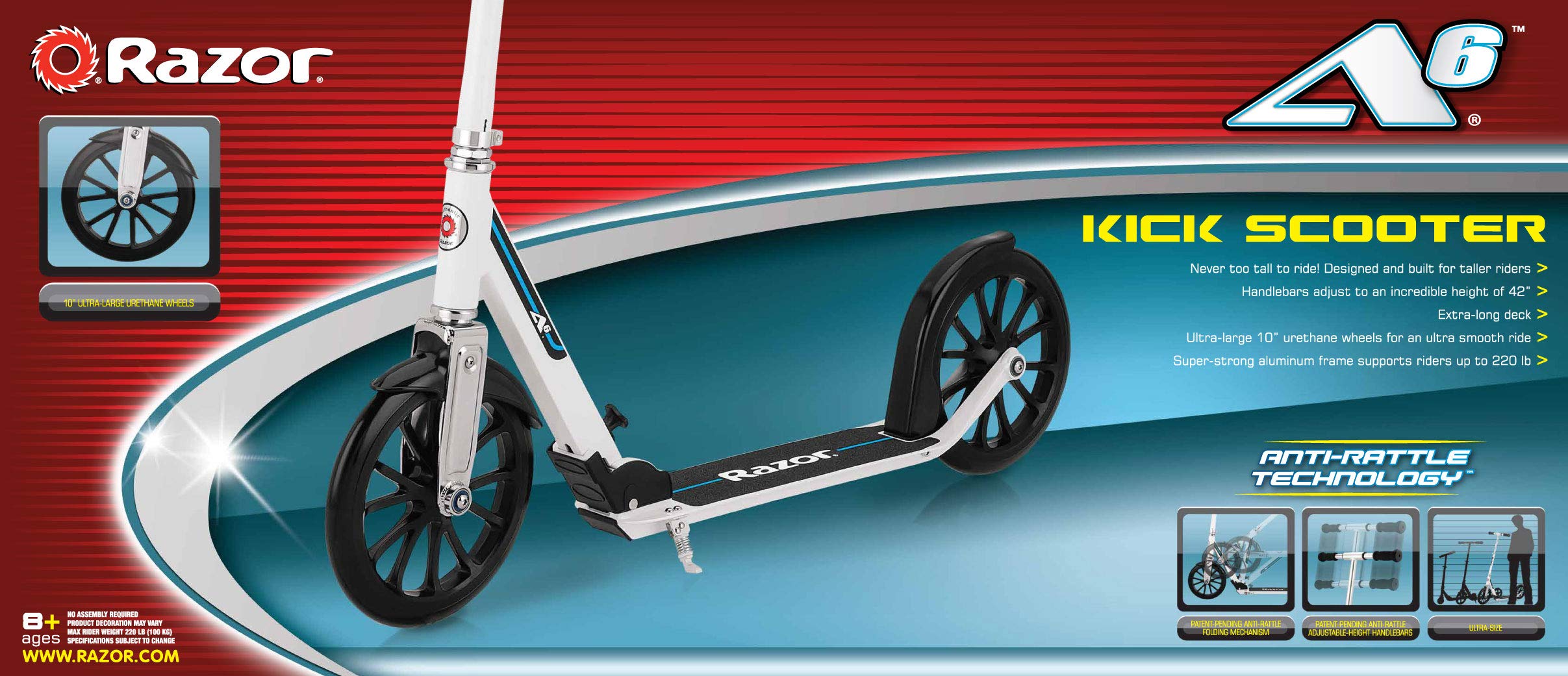 Razor A6 Kick Scooter for Kids Ages 8+ - Extra-Tall Handlebars & Longer Deck, 10