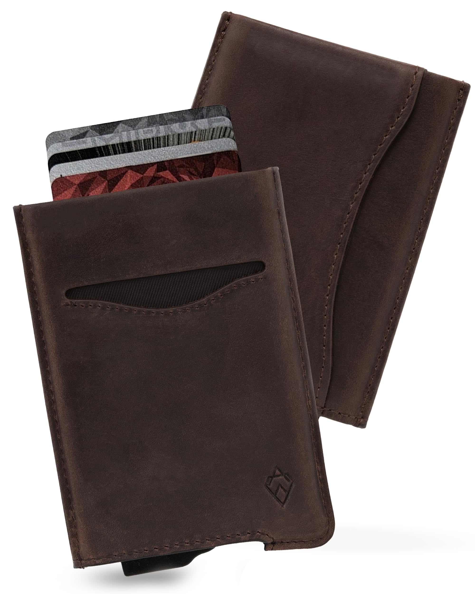 AKIELO RFID Card Holder Wallet with Gift Box – Vegan Leather Card Wallet for Men – RFID Blocking Contactless Credit Card Protector – Minimalist Pop Up Design (Alpha - Dark Mocha Leather Edition)