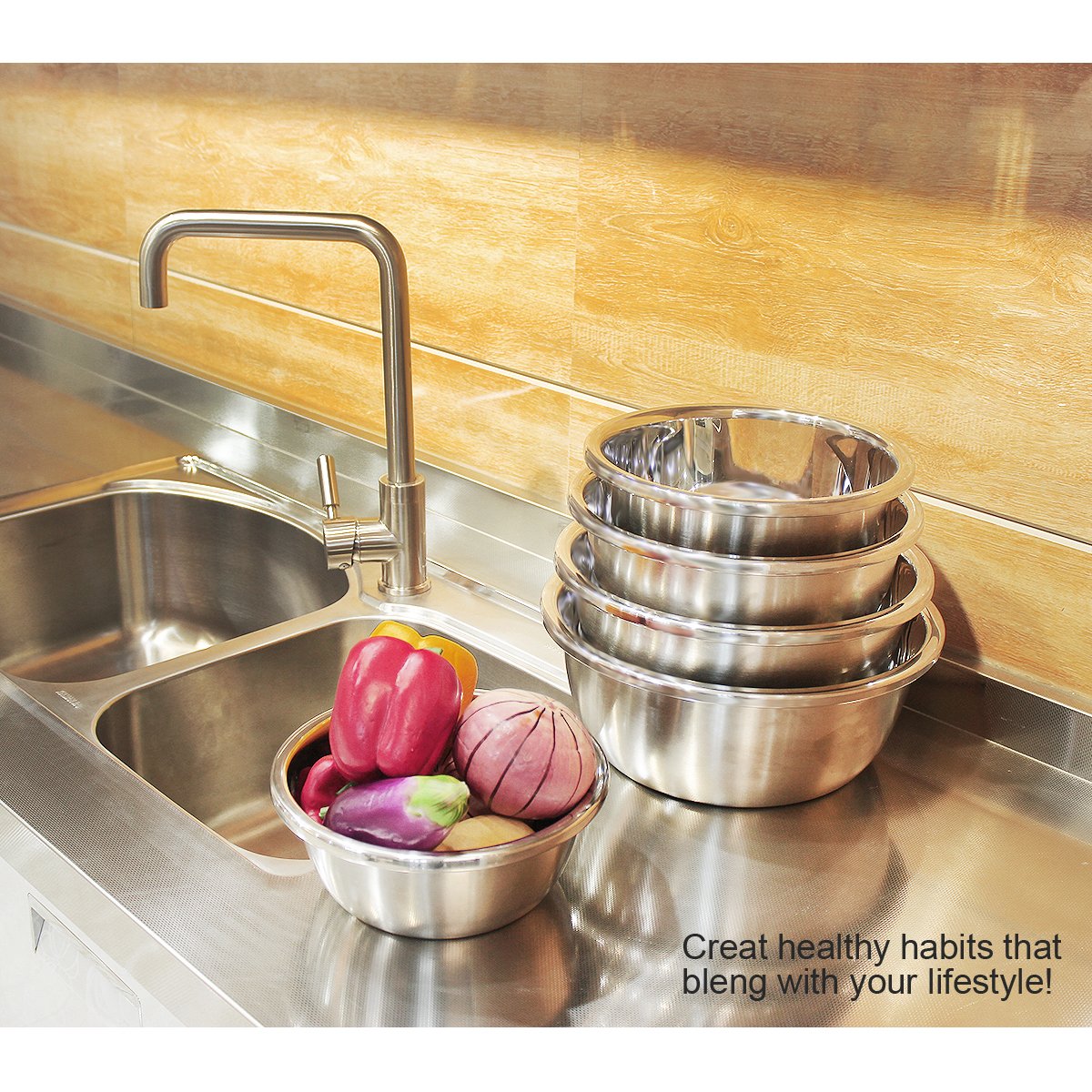 Mixing Baking Bowl Set, Stainless Steel, Solid and Durable, Mirror & Brushed Finish, Flat Bottom, Big Lip, Set of 5