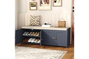HOMEFORT Shoe Storage Bench with 4 Doors, 48 Inch Entryway Bench with Cushioned Seat, 2-Tier Shoe Rack Organizer with Adjusta