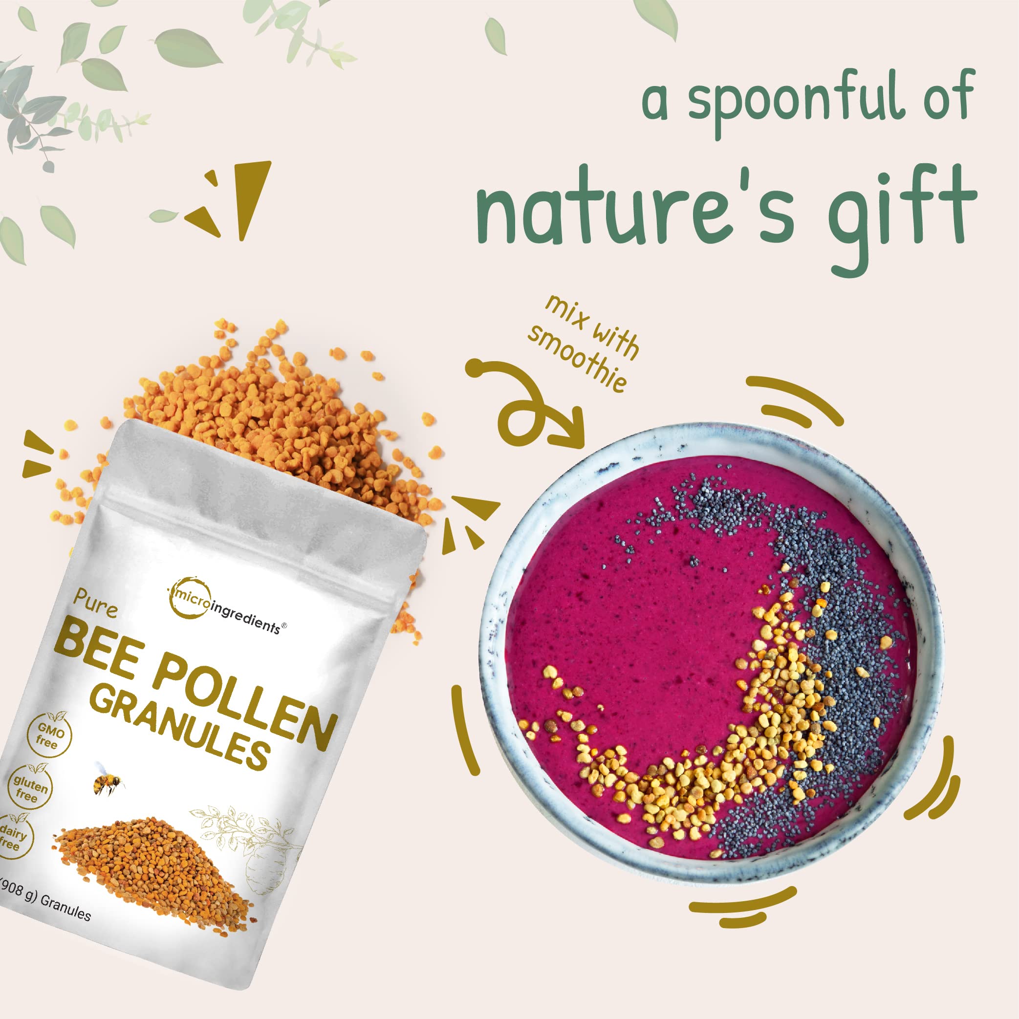 Micro Ingredients Pure Bee Pollen Granules, 2 lb | Fresh Harvest, Raw & Natural Superfood | Rich in B Vitamins, Minerals, Protein & Antioxidants | Keto, Non-GMO