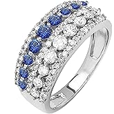 Dazzlingrock Collection Round Blue Sapphire And White Diamond Womens Anniversary Wedding Band Ring, 14K Solid White Gold