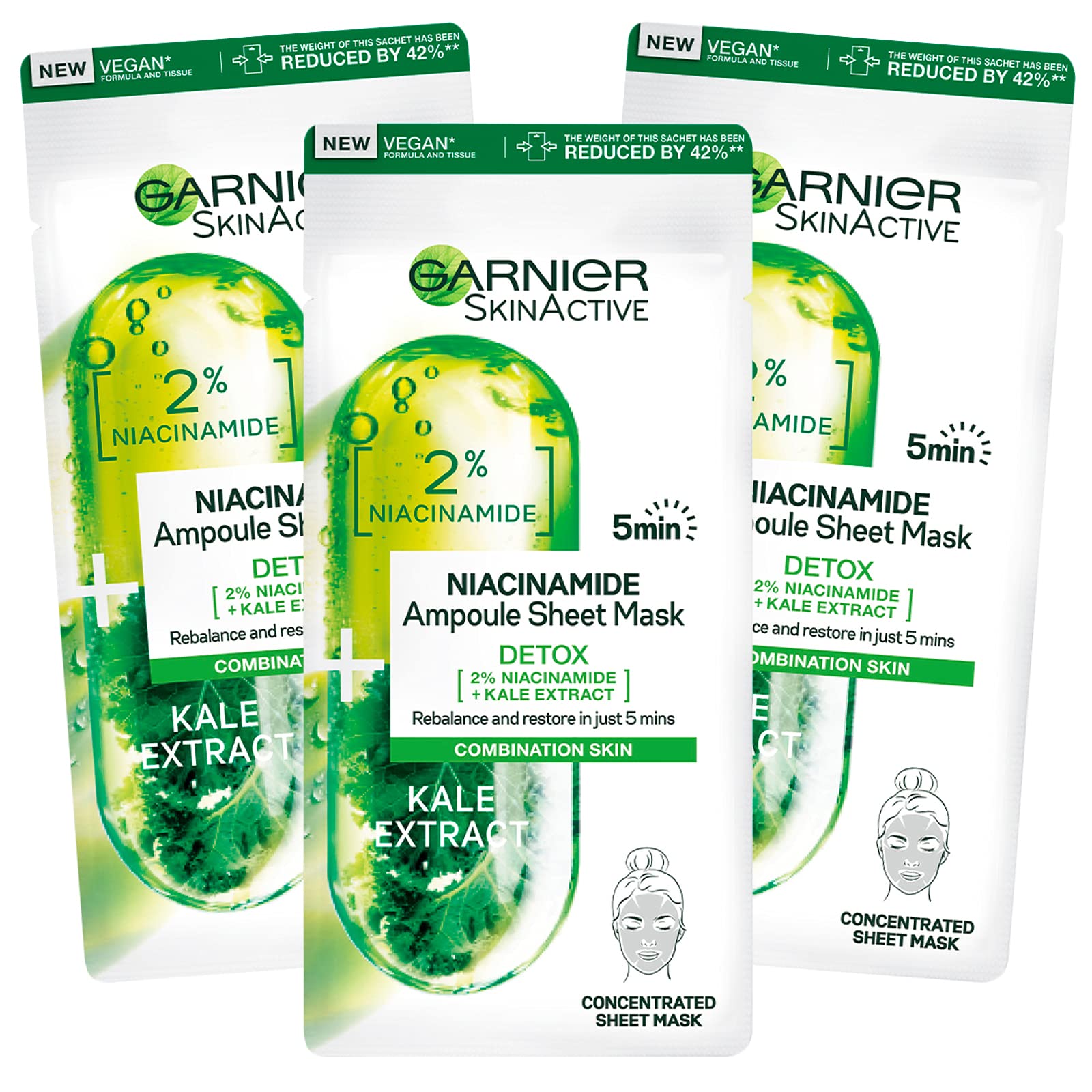 3x Garnier SkinActive Niacinamide Fabric Mask Detox Ampoule Purifying for Combination and Oily Skin Antioxidant Action - 3 Disposable Face Masks