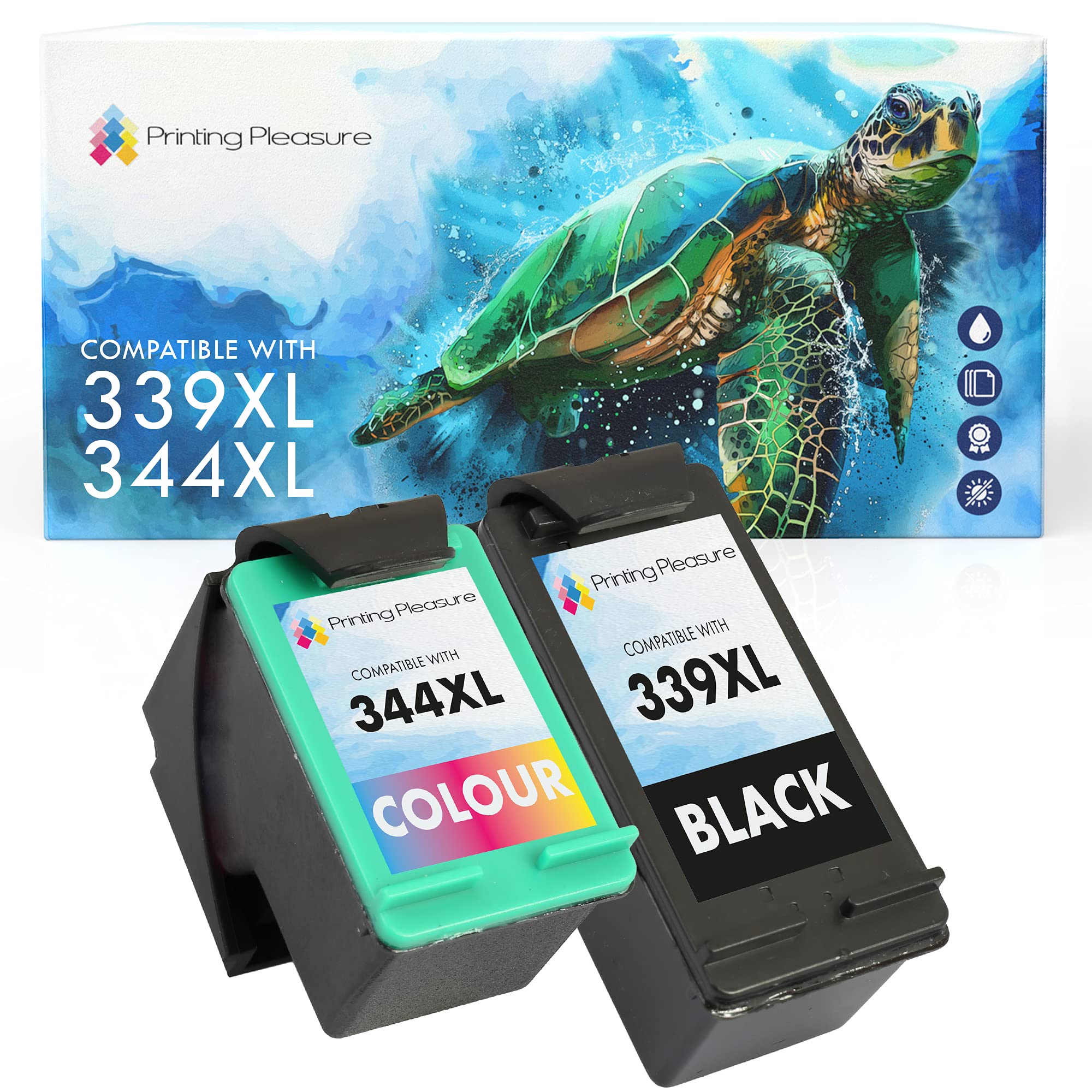 Printing Pleasure 2 (FULL SET) Remanufactured Ink Cartridges Replacement for 339 & 344 for DeskJet 5740 5745 5940 6540 6620 6840 Photosmart 2570 2605 8050 8150 8750 - Black/Colour, High Capacity