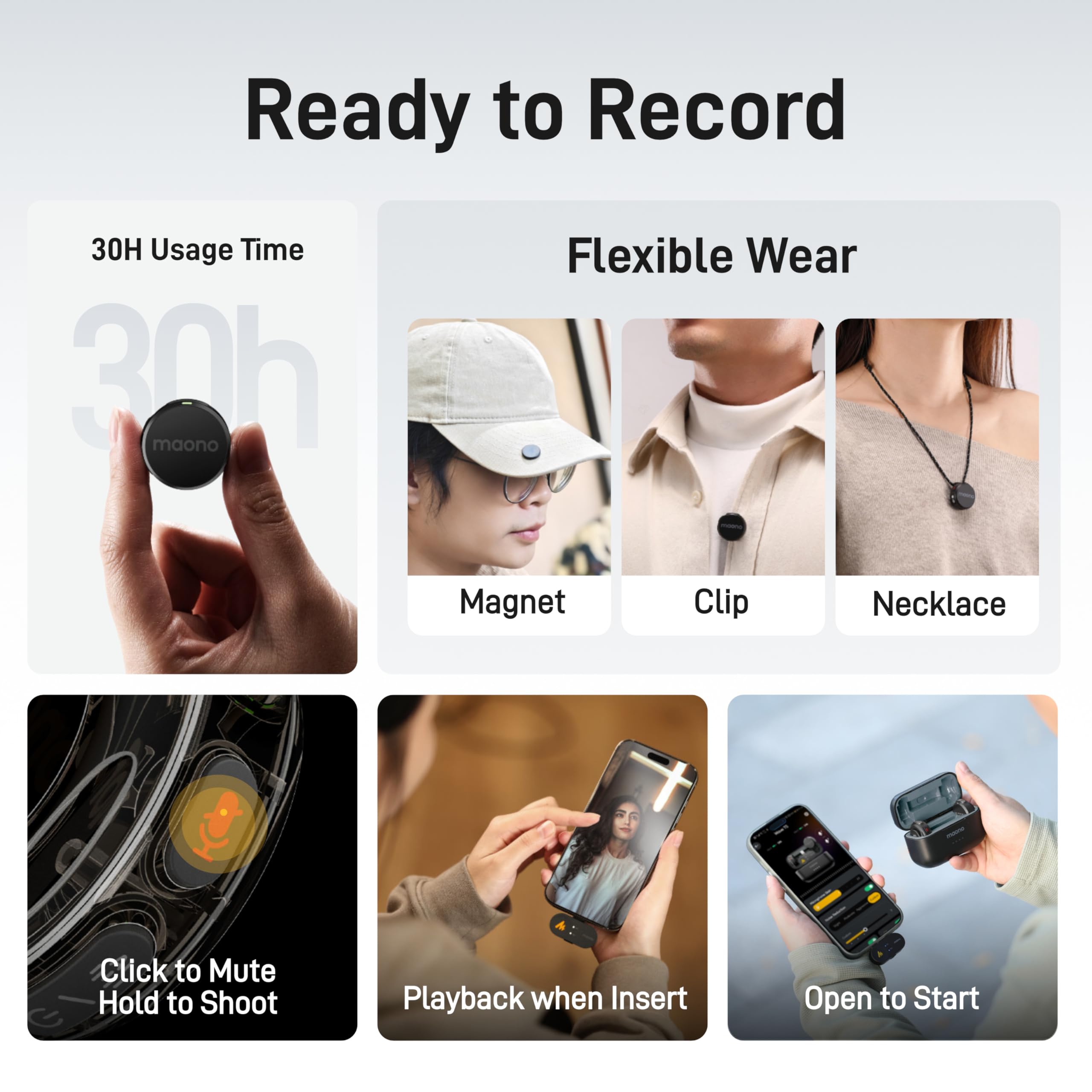 MAONO kabelloses Lavalier Mikrofon für iPhone/Android/Kamera/PC - Mini Mikrofon mit 48kHz/24Bit Hi-Fi Audio, 30Std Dauer, Geräuschunterdrückung. USB-C/Lightning/Kamera Plug Mini Mic für Vlog-Wave T5 4