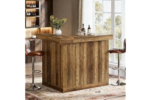 LITTLE TREE L Shaped Bar Table with Storage Shelves, 43.3" Height Rustic Home Bar Unit with 3 Tier Open Shelving, Corner Wine