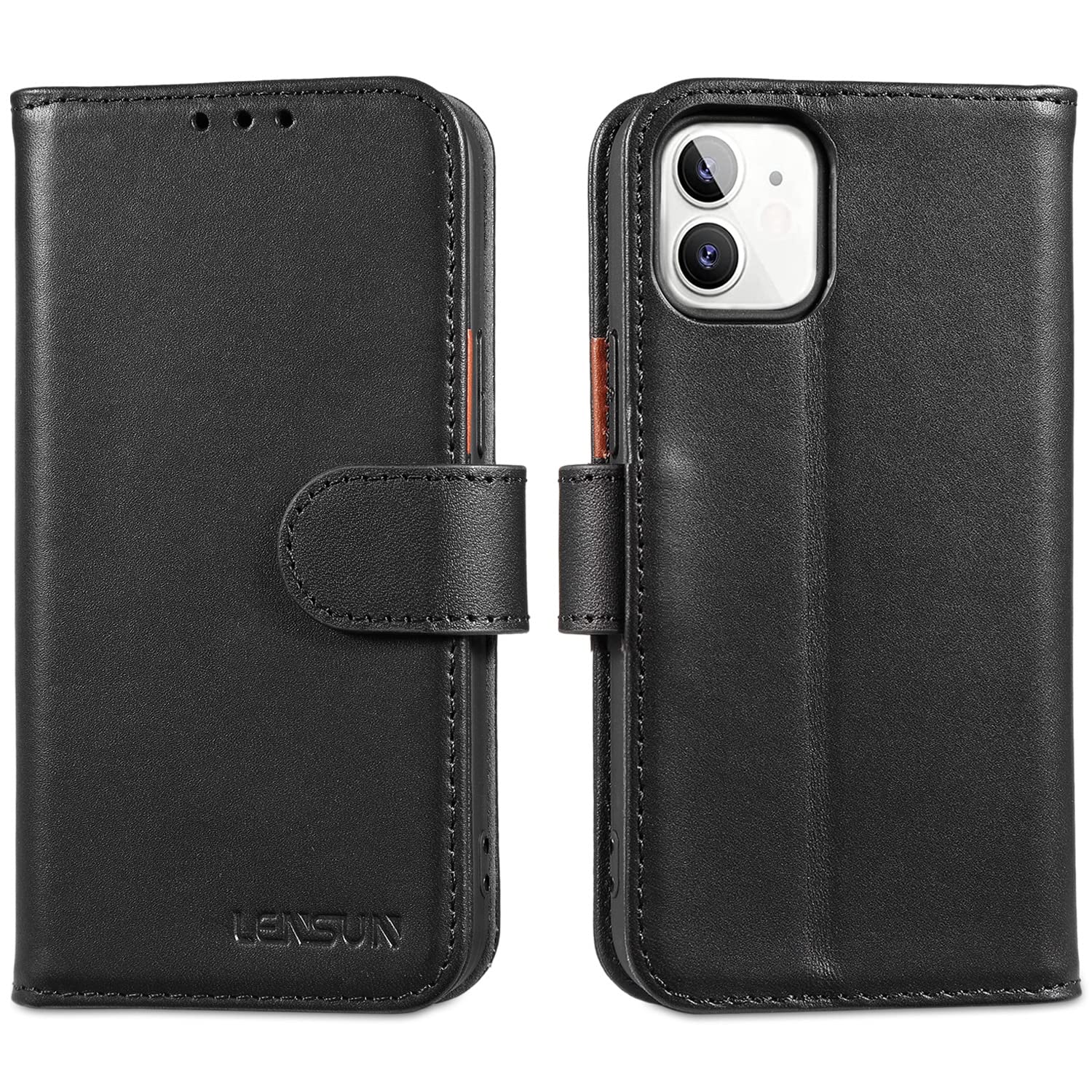 LENSUN Case for iPhone 12 Mini, Genuine Leather Shockproof Wallet Flip Phone Cover [RFID Blocking] with Card Holder Compatible with Apple iPhone 12 Mini - Black — image 1