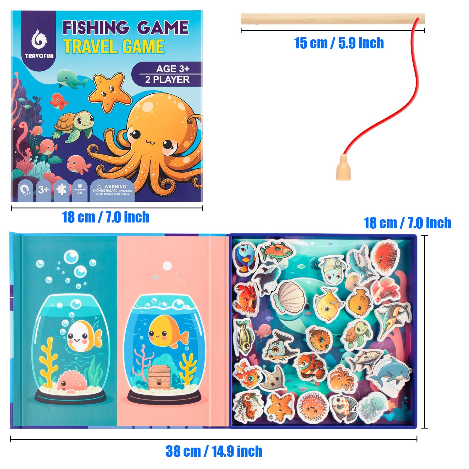 Magnetic Fishing Game for Toddlers -Travel Toys 3-5 Airplane Essentials - Mess-Free Camping & Car Trip Activity - Wooden Learning Toy with 27 Fish