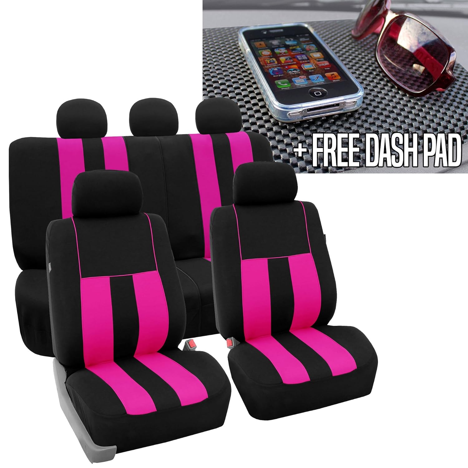 FH GROUP FH-FB036115 Striking Striped Seat Covers, Pink / Black with FH GROUP FH1002 Non-slip Dash Grip Black Pad Mat- Fit Most Car, Truck, Suv, or Van