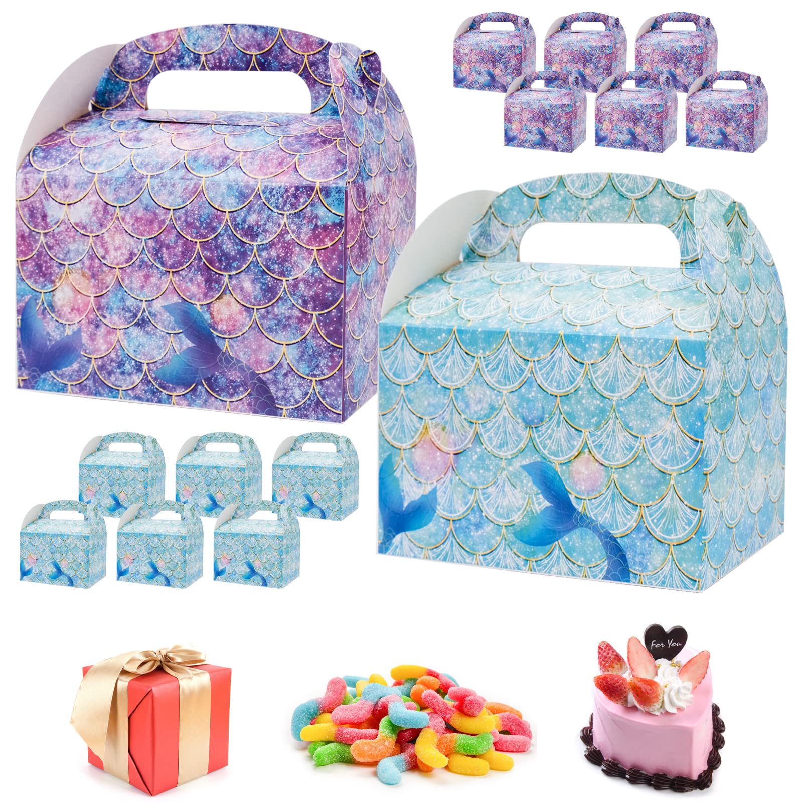 BLLREMIPSUR 12Pcs Mermaid Cupcake Boxes, Kids Party Cake Paper Boxes Cake Muffins Carrier Holder Gift Box for Cookies Desserts Pies Bakery Candy Wedding Girl's Birthday Baby Shower