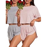 OYOANGLE Women's 2 Pack Pajama Set Striped Short Sleeve Tshirt and Split Shorts Cute Pjs Lounge Set Summer Sleepwear