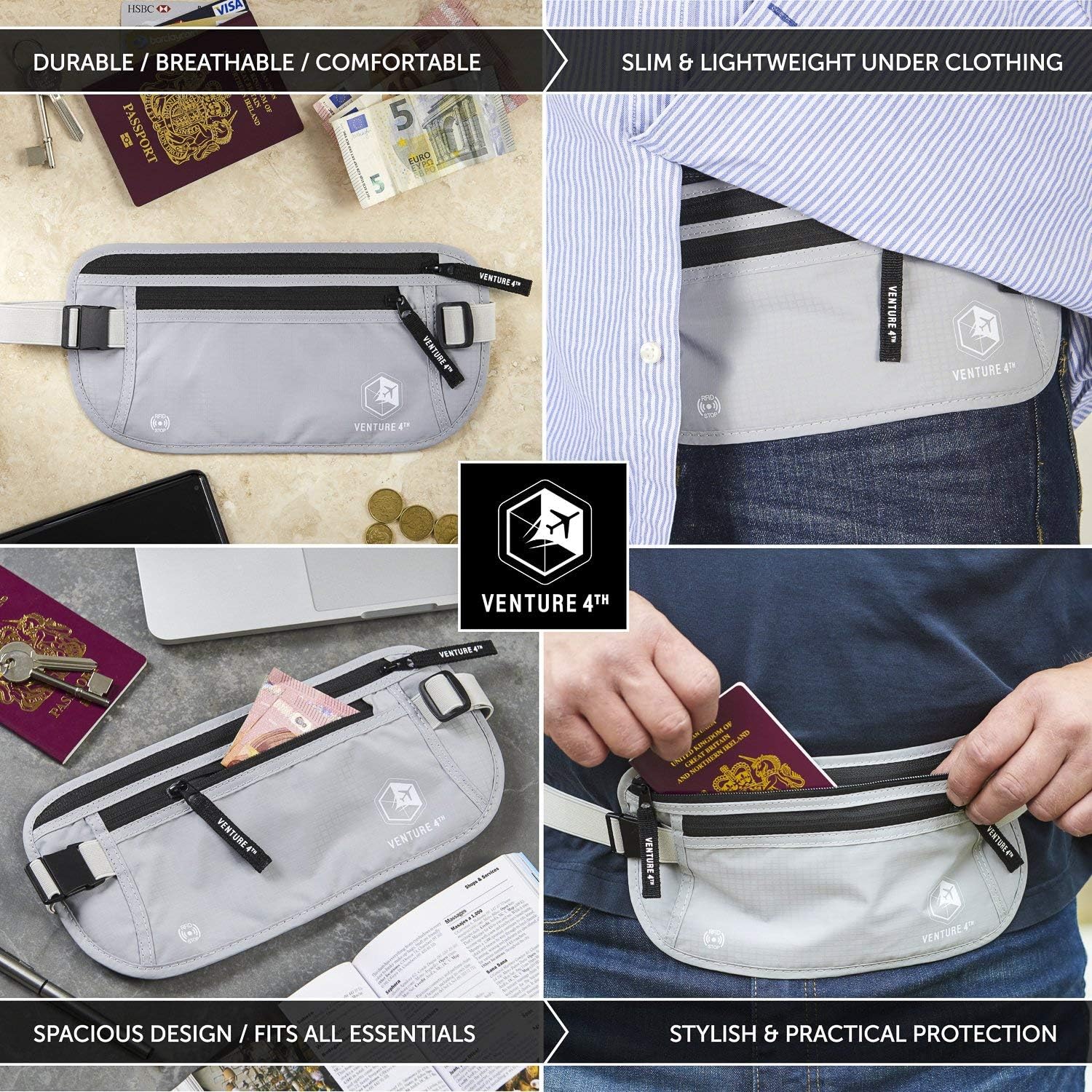  | VENTURE 4TH Travel Money Belt RFID Blocking Hidden Waist Stash (Silver) | Travel Wallets