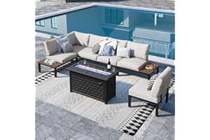 Sophia & William 6 Pieces Patio Furniture Set with 45" Fire Pit Table, Metal Outdoor Sectional Sofa Set -2 x Single Couch with Side Table,2 x Single Sofa,1 x Loveseat,1 x Propane Fire Pit