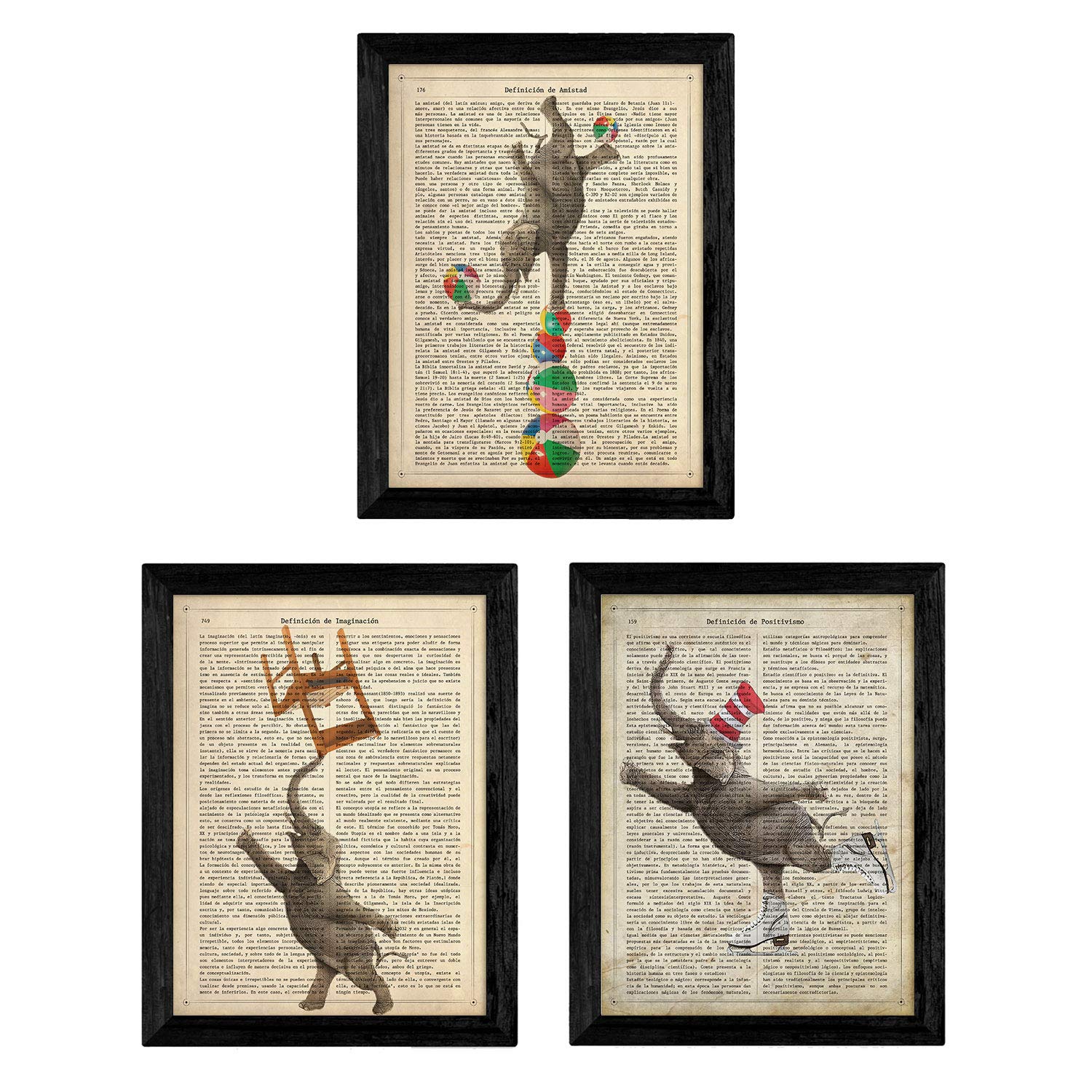 Nacnic Vintage 3 Elephants Poster. Vintage Style wall decoration of playful Elefants with Encyclopedia Definitions. Assorted creative Pictures of Animals. Size A4, Frameless.