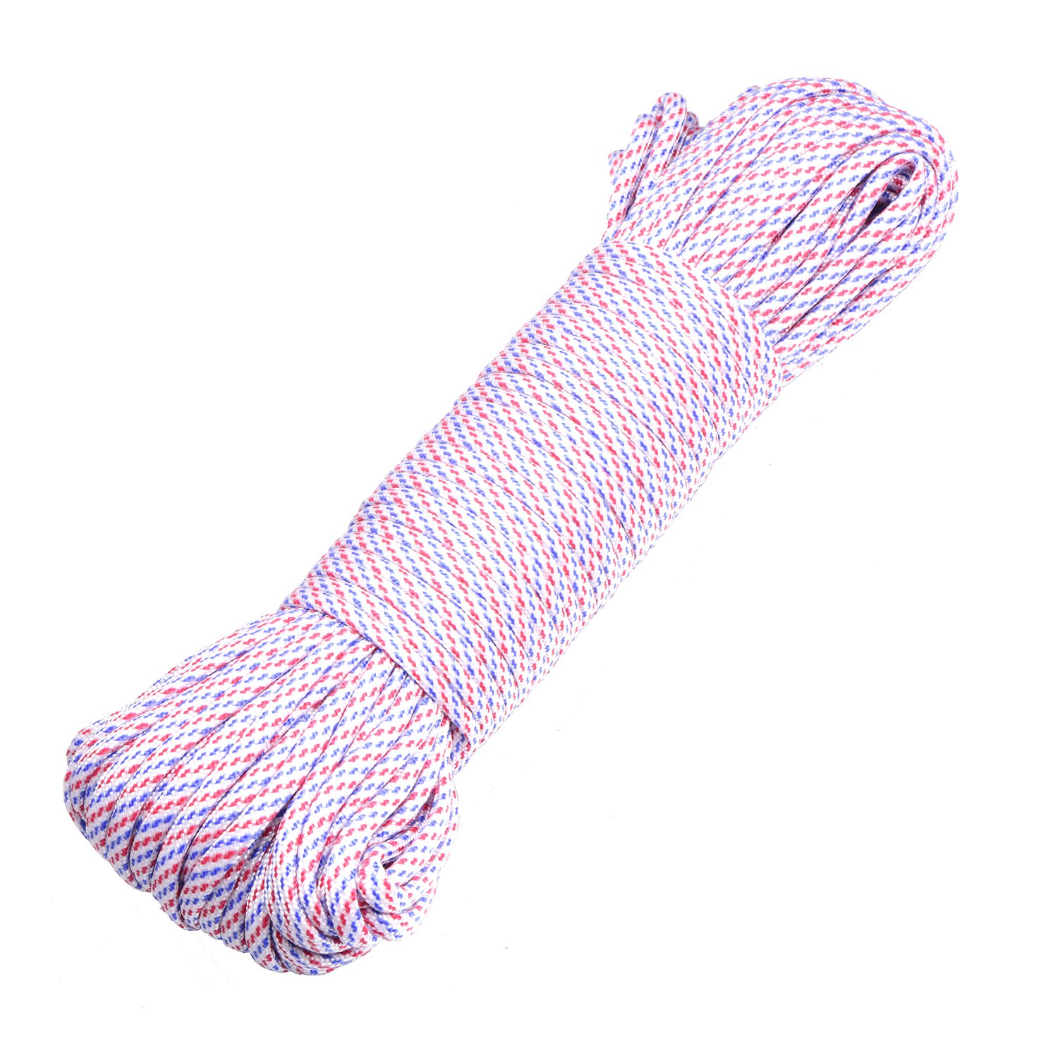 DonDon 98 ft - 30 m nylon cord Paracord survival DIY rope cord for outdoor camping activities 0.6 inch - 4 mm - 7 strands white-red-blue