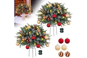 NOVERLIFE 26 Inches Pre-lit Artificial Christmas Tree Urn Filler, Lighted Christmas Planter Filler Pot Fillers, Small Pre-lit Outdoor Xmas Trees with Pine Cones, Berries & Ball Ornaments Decor, Tripod Stake