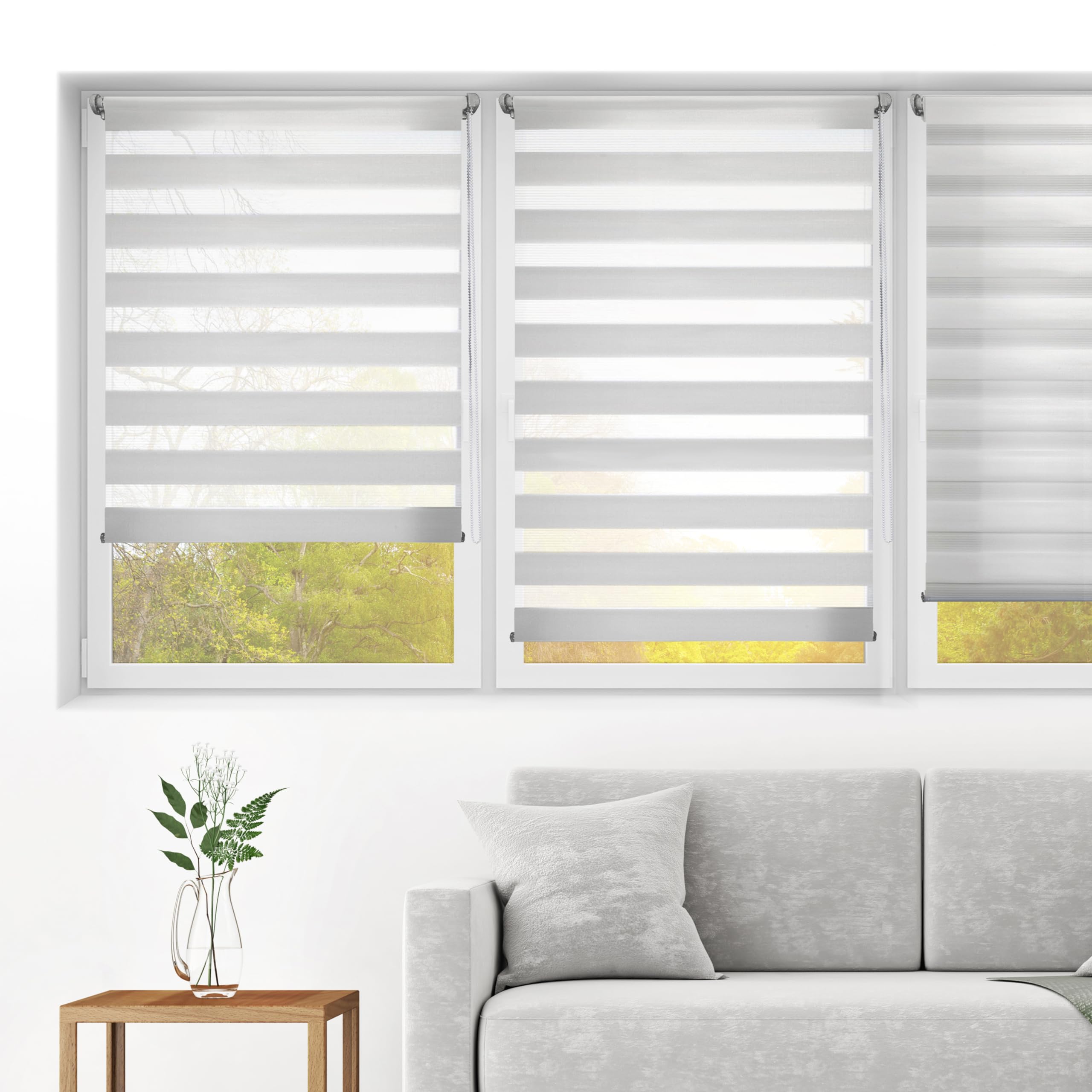 Blindecor - Indus "NO TOOLS REQUIRED". Double layered roller blind, Night and Day. Silver grey. 120x180 cm (width x length)