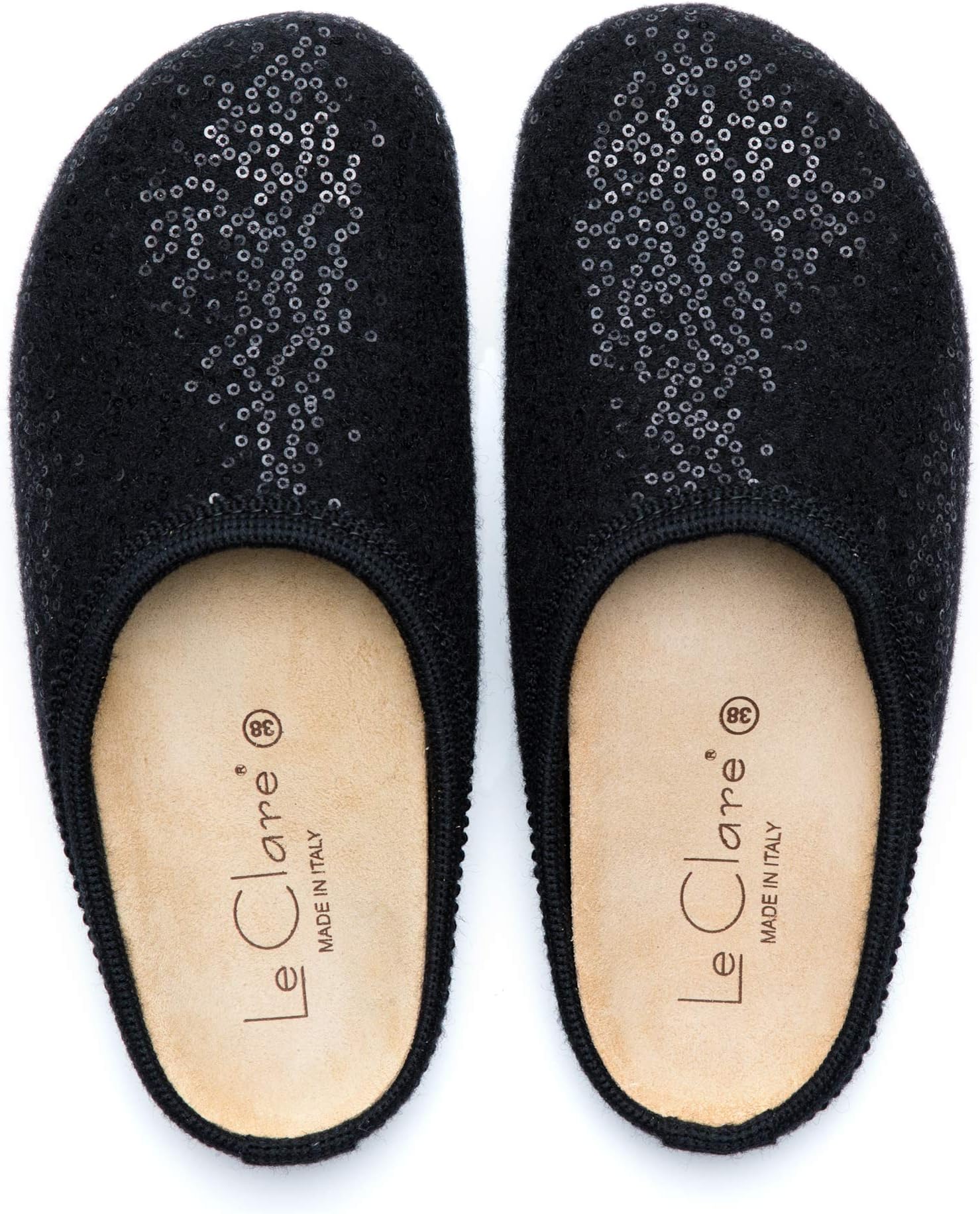Le Clare Nebraska Shine Black Wool Felt Clog House Slippers for Women with Arch Support Cork Insole Indoor Outdoor Sole Made in Italy