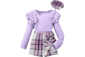 Hevemexy Girls Clothes Ruffle Sleeve T-shirt Top and Bowtie Plaid Skort Set with Hat 3PCS Girls Fall Outfits 5-14 Years
