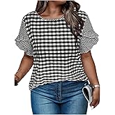 SweatyRocks Women's Plus Size Ruffle Short Sleeve Gingham Plaid Blouses Casual Summer Shirt