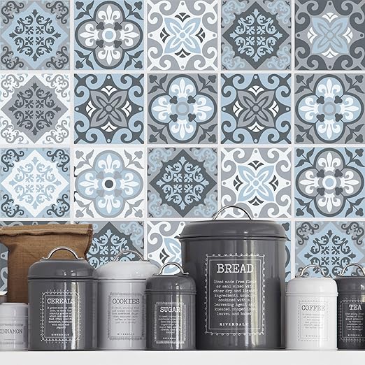 Wandaufkleber Vintage Blau Grau Fliesendekor (Packung mit 32) (BODEN - 30 x 30 cm)