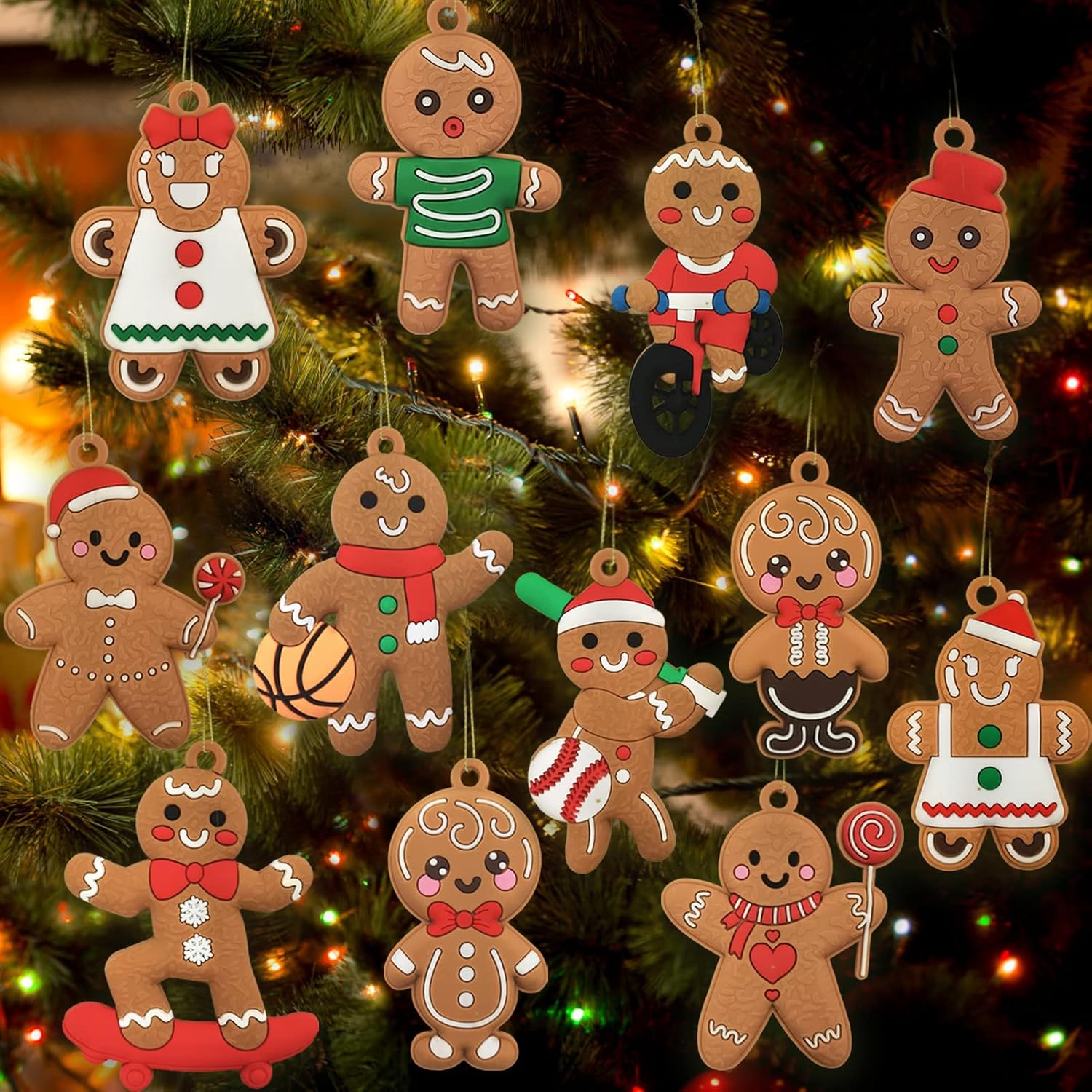 Ornaments - 12pcs Christmas Gingerbread Man Ornaments for Christmas Tree Decorations Assorted Plastic Gingerbread Figurines Christmas Holiday Decorations 3 Inch Tall