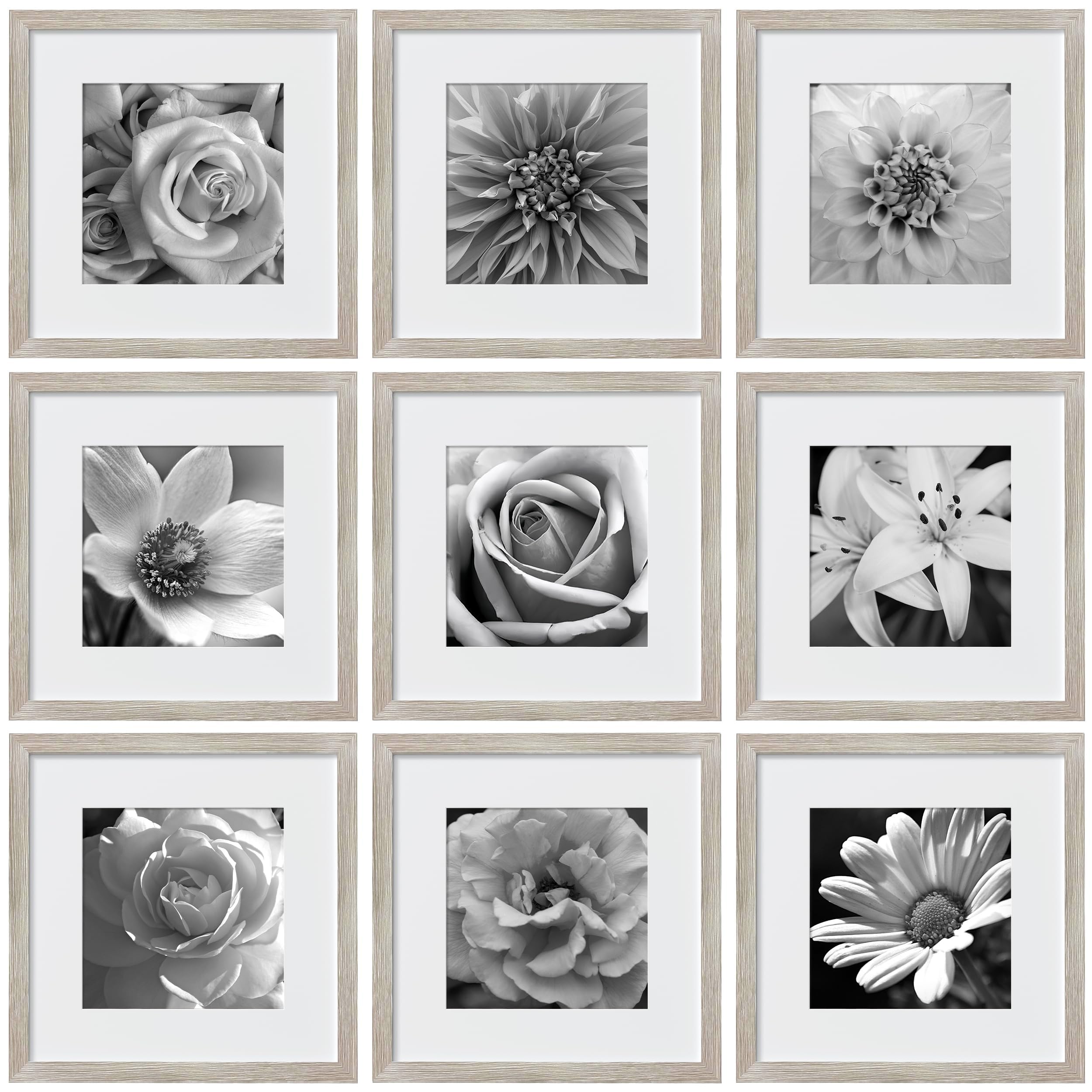 Photo 1 of eletecpro 12x12 Picture Frames Set of 9, Farmhouse Gallery Wall Frame Set Displays 8x8 Photos with Mat or 12x12 without Mat, Photo Frames Collage Wall Decor, Beige Drift Wood Home Decor for Hanging