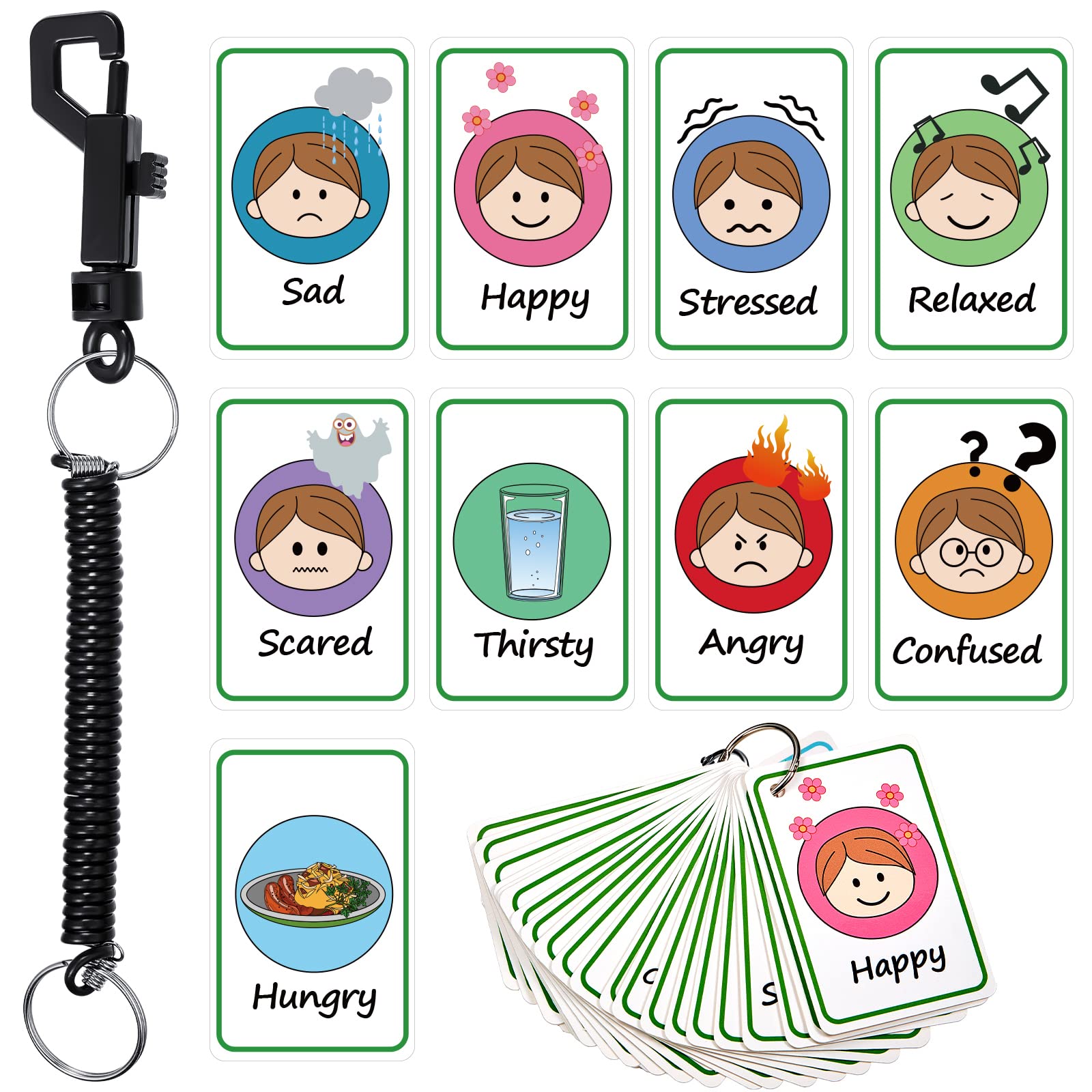 Needs My Communication Cards, 24 Pieces Feelings and Emotions Flash Card, Feeling Face Card with Spring Rope Lanyard for Men Women Teens Education Party Supplies (Lovely Style)