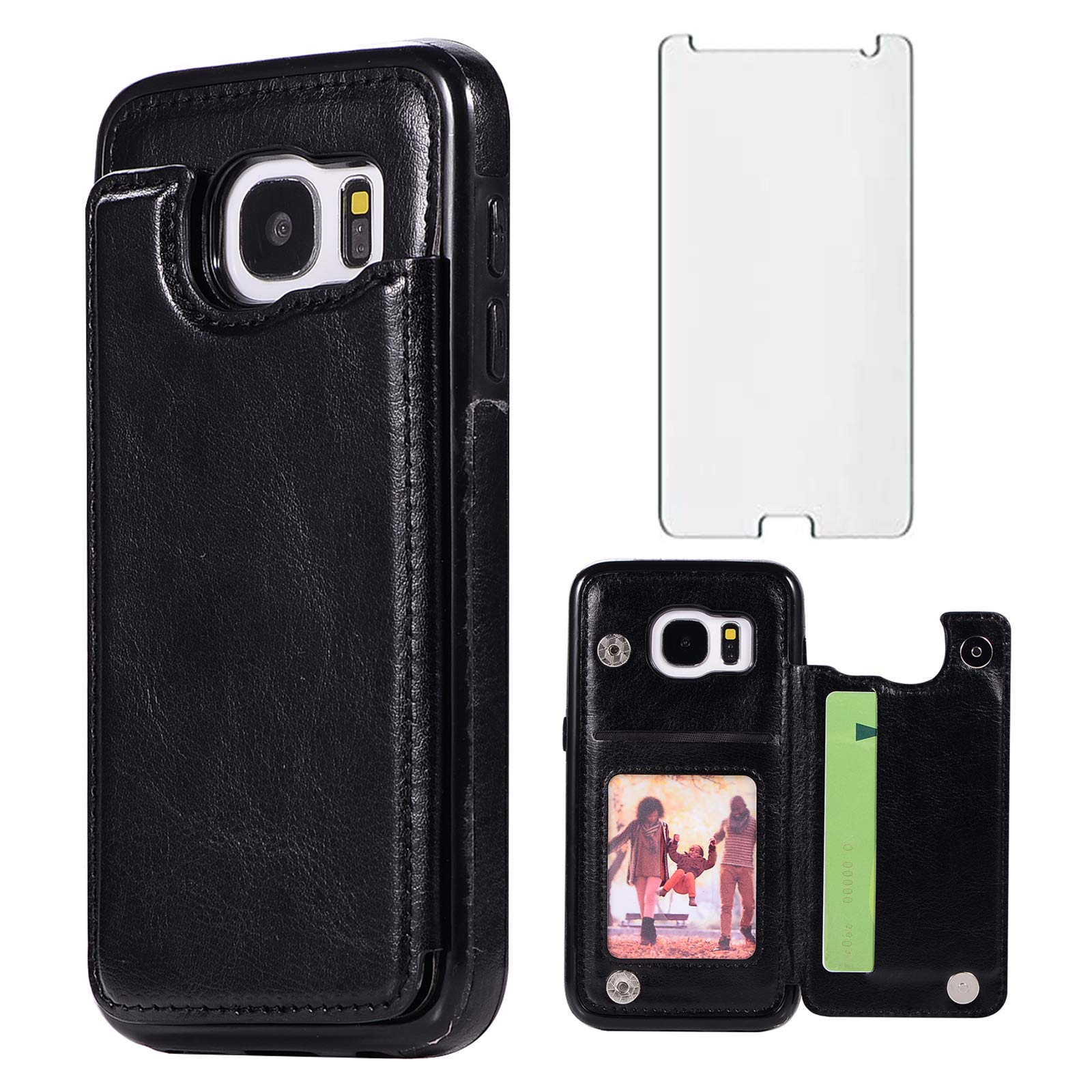Asuwish Compatible with Samsung Galaxy S7 Wallet Case and Tempered Glass Screen Protector Card Holder Stand Leather Flip Cell Cover Phone Cases for Glaxay S 7 7s GS7 SM-G930V G930A Women Men Black