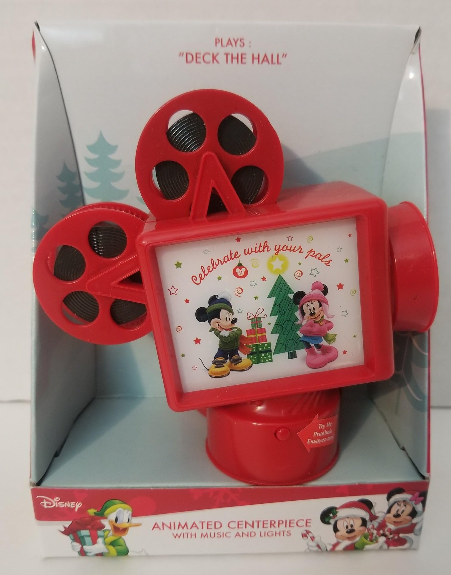 Mickey and Minnie Mouse Animated Light Up Film Reel Centerpiece Christmas Ornament - Plays "Deck the Hall"