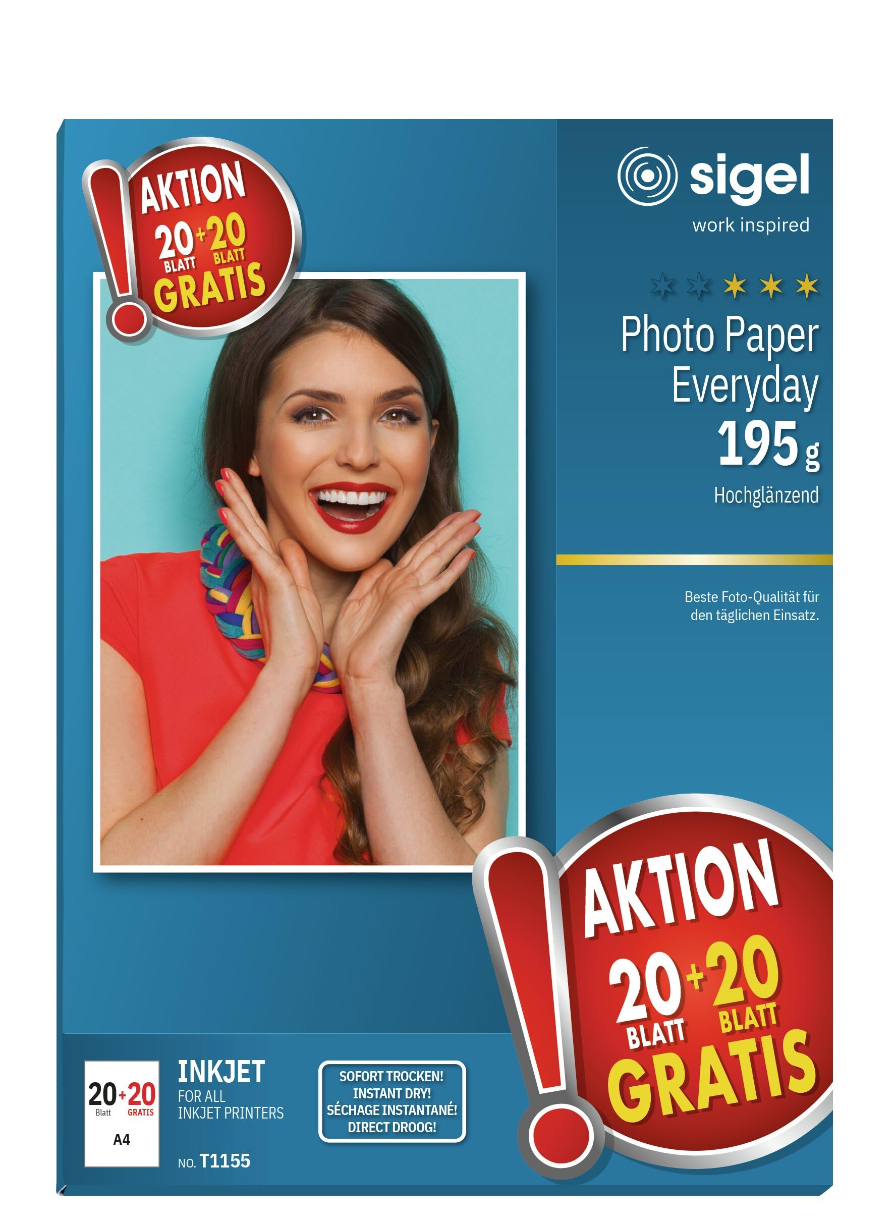 SIGEL T1155 Everyday Photo Paper, InkJet, glossy, 195 gsm, 10 x 15 cm, 20 + 20 sheets for free