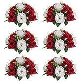 NUPTIO Artificial Flower Centrepieces for Tables - 6 Pcs Crimson & White Fake Flowers Roses Balls 9.5in Diameter - Silk Faux Rose Arrangement for Wedding Party Centerpiece Table Decorations