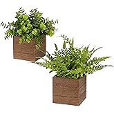 Vlorart Small Fake Plants, 2Pack Mini Potted Artificial Plastic Boxwood Fern Green Decorative Plant in Wooden Potted, Fake Desk Plant for Farmhouse Home Decor Office Bathroom Desk Room Indoor Outdoor