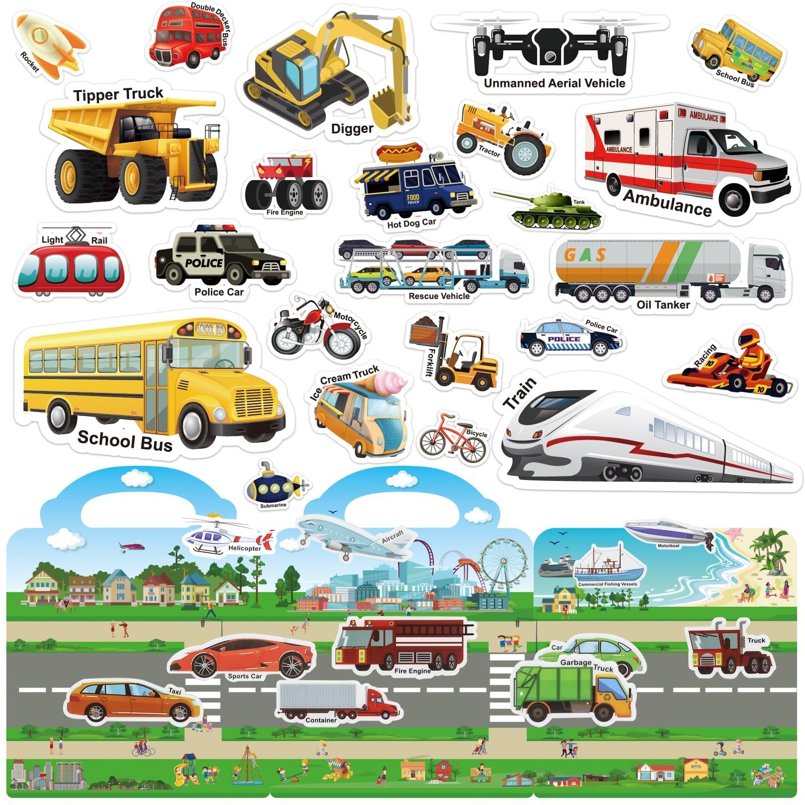 Photo 1 of 210 PCS Vehicles Reusable Sticker Book for Kids – 6 Sheets Waterproof Stickers for Toddlers Age 3+, Window Clings Travel Toys & Educational Learning Activities
