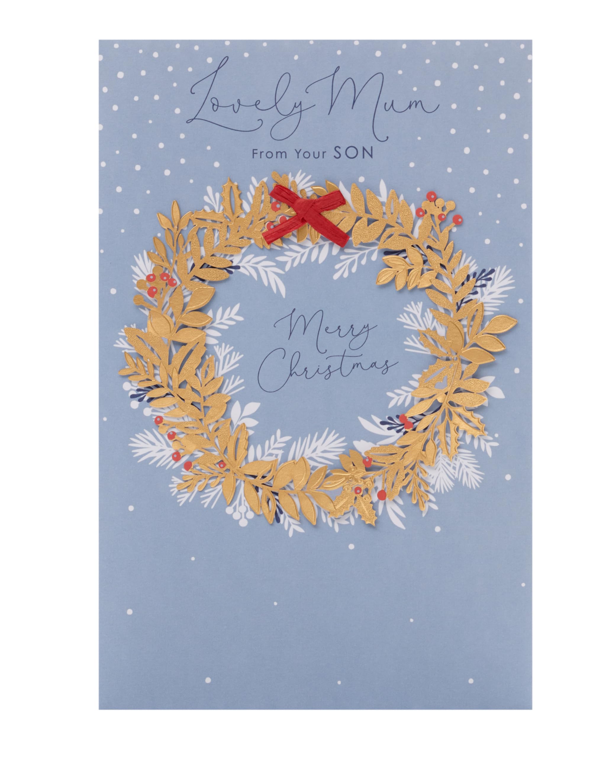UK Greetings Christmas Card for Mum from Son - Blue & Gold Wreath Design