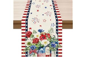 XCHI Stripes Colorful Flowers Vases Stars Fireworks Patriotic America 4th of July Memorial Day Independence Day Table Runner Decoration for Home Kitchen Holiday Party 13x72 Inch