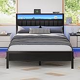 Furnulem Queen Size Bed Frame with Charging Station and LED Lights, Platform Bed with Metal Slats, Grey Upholstered Headboard with 2-Tier Storage Shelves, No Box Spring Needed