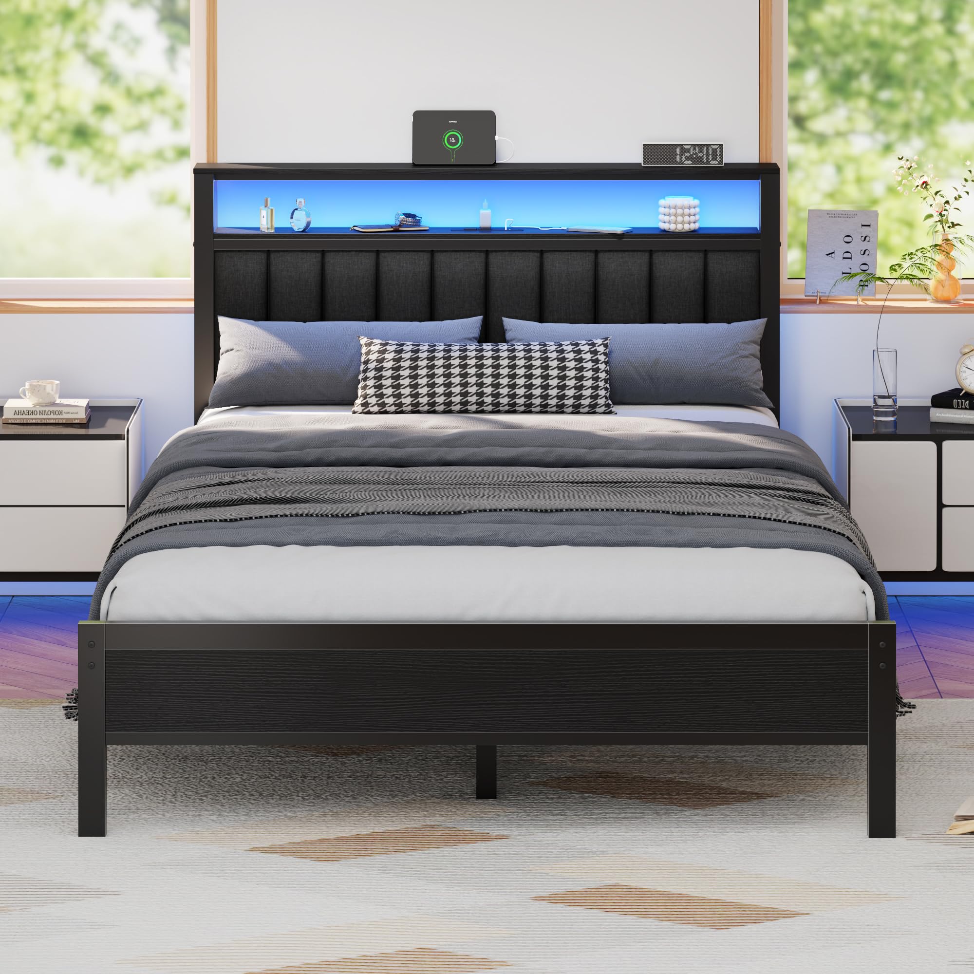 Photo 1 of ***SIMILAR ITEM***Furnulem Queen Size Bed Frame with Charging Station and LED Lights, Platform Bed with Metal Slats, Grey Upholstered Headboard with 2-Tier Storage Shelves, No Box Spring Needed