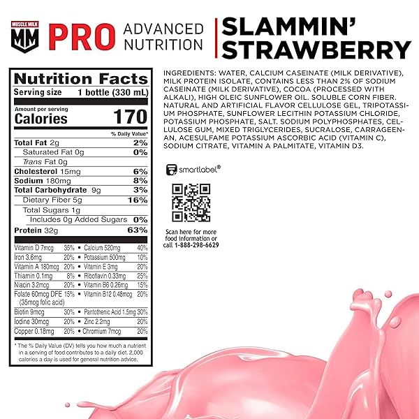MUSCLE MILK PRO ADVANCED NUTRITION PROTEIN SHAKE, SLAMMIN’ STRAWBERRY, 11.16 FL OZ (PACK OF 12), 32G PROTEIN, 1G SUGAR, 16 VITAMINS & MINERALS, 5G FIBER, BOTTLED LIQUID, GLUTEN FREE