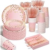 AIRE 175PCS Pink Rose Gold Plates Party Supplies Severs 25 Guests Disposable Party Decorations, Plastic Forks Knives Spoons, Golden Dot Paper Plates Napkins Cups for Baby Shower Birthday Wedding