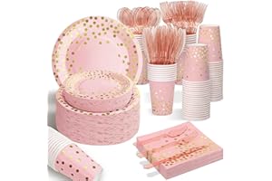 AIRE 175PCS Pink Rose Gold Plates Party Supplies Severs 25 Guests Disposable Party Decorations, Plastic Forks Knives Spoons, Golden Dot Paper Plates Napkins Cups for Baby Shower Birthday Wedding