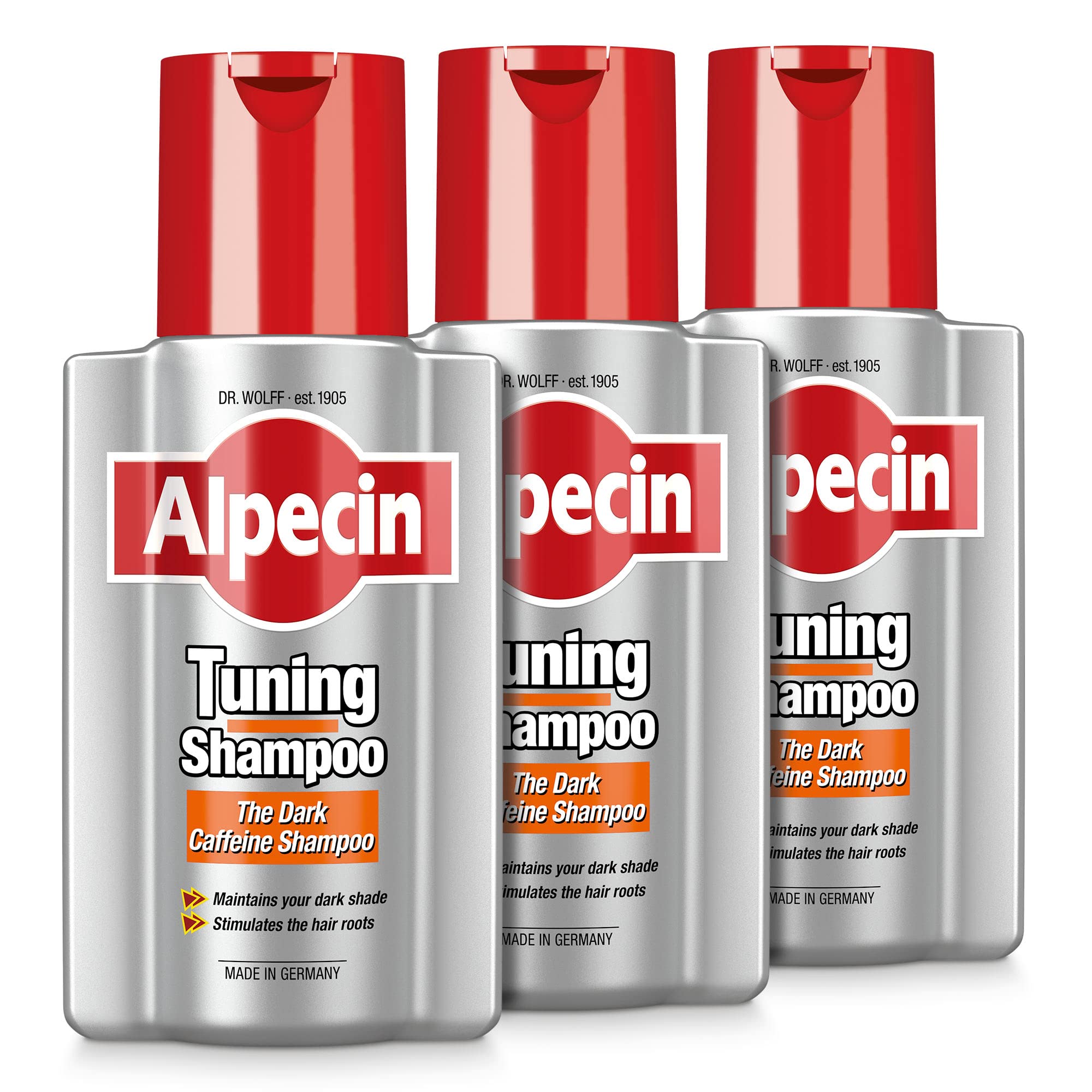 Alpecin Tuning Shampoo 3x 200ml | Preserves Natural Hair Colour and Supports Natural Hair Growth | Dark Caffeine Shampoo to Cover Early Grey Hairs | Hair Care for Men Made in Germany