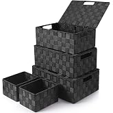 Storage Baskets with Lids: 5 Pack Stackable Woven Storage Bins, Black | Decorative Woven Baskets for Organizing with Built-In Handles for Shelves, Closets, Cabinets and Cubbies, Gift Small Basket