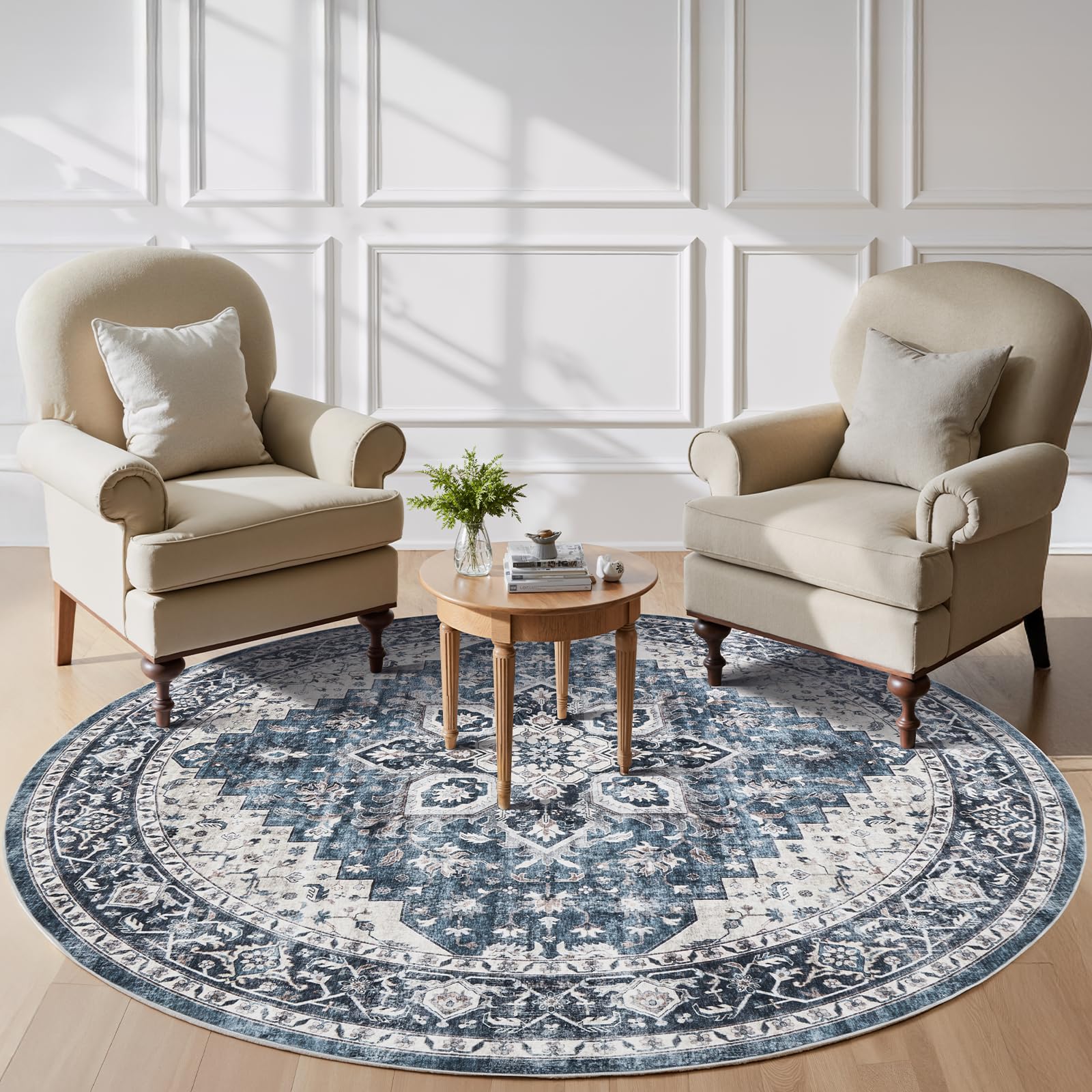 AMADA HOMEFURNISHING Round 8ft Area Rugs, Low-Profile Washable Rug with Non-Slip Backing & Durable Edge Binding, Vintage Rugs for Living Room, Bedroom, Dinning Room Image