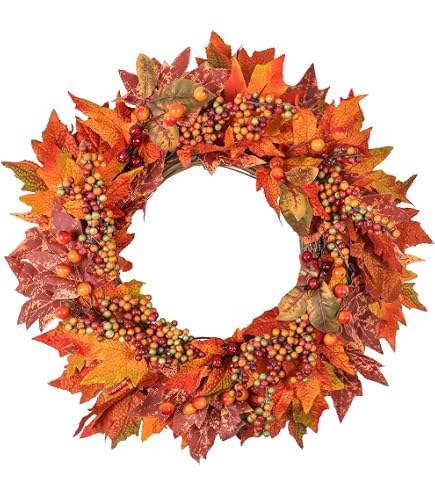 Couronne D'automne Thanksgiving – 14 Pouces Avec érable, Citrouille, Pommes De Pin, Baies, Pour Porte D'entrée